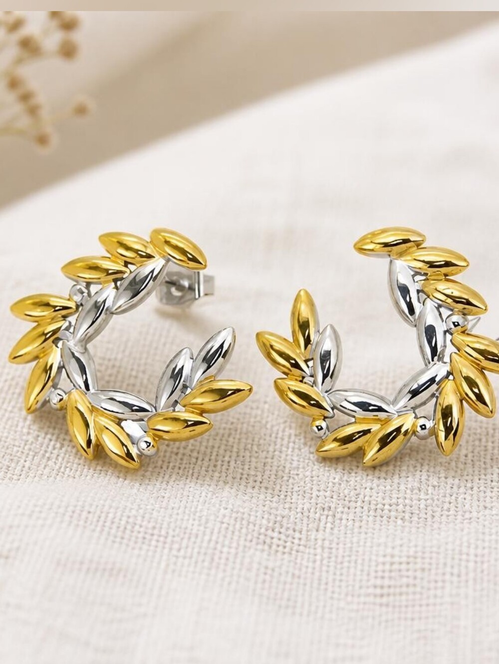 Two Tone Gold Silver Leaf Wreath Hoop Earrings Statement Botanical Jewelry